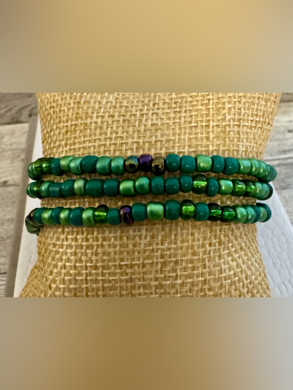 Emerald Green Beaded Stretch Bracelet Set of 3